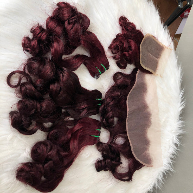 Good Quality Full Tip Double Drawn Virgin Hair Bundles Bouncy Wave Wine Color