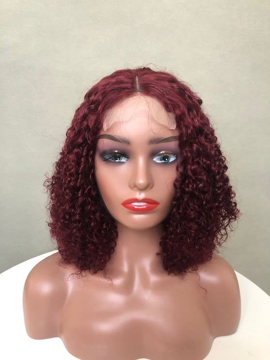 Super Double Drawn 4x4 Lace Closure Wig Pixie Curl Wine Color Full Density