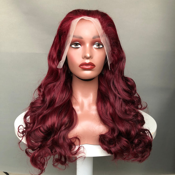 13x4 Lace Frontal Wig Super Double Drawn Hair Bouncy Wave Wine Color