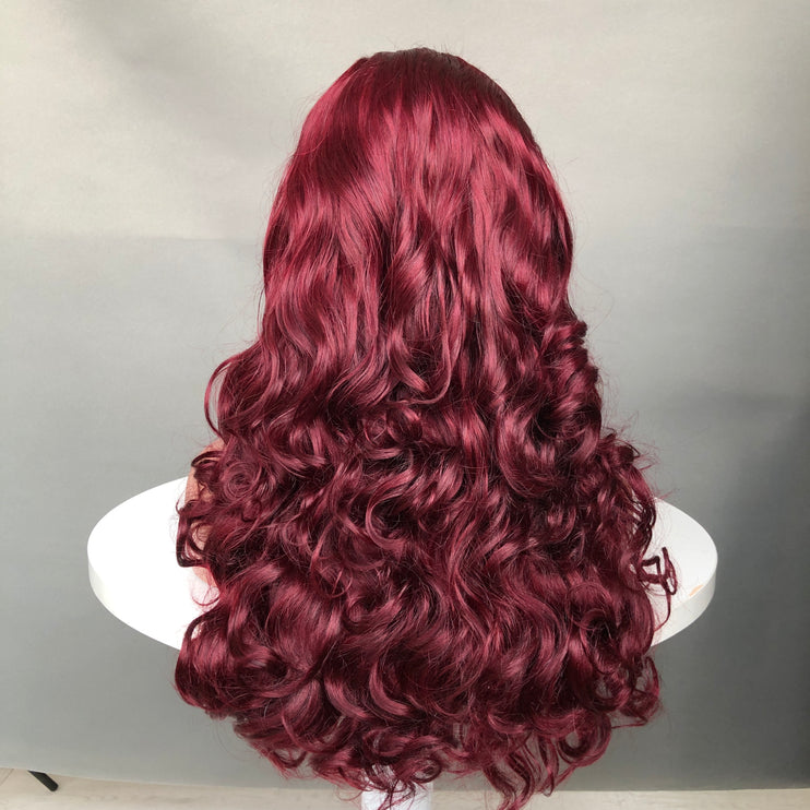 13x4 Lace Frontal Wig Super Double Drawn Hair Bouncy Wave Wine Color