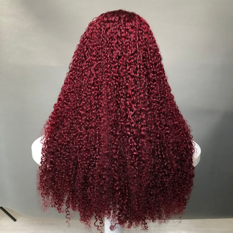 13x4 Lace Frontal Wig Super Double Drawn Pixie Curl Burgundy Color