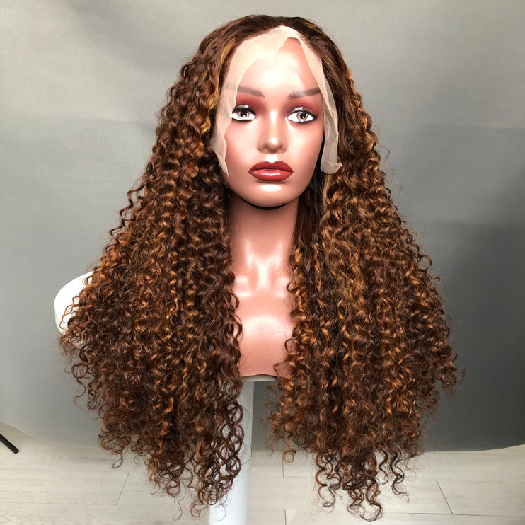 13x4 Lace Frontal Wig Virgin Double Drawn Hair Amazing Curl Piano Color