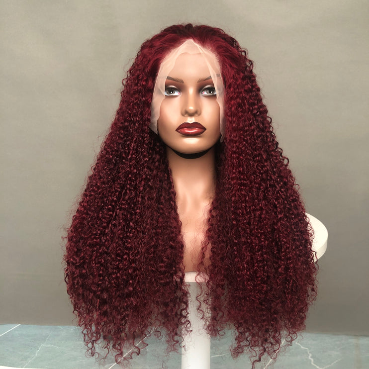 13x4 Lace Frontal Wig Super Double Drawn Pixie Curl Burgundy Color