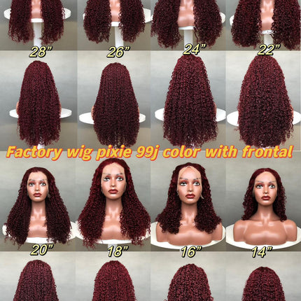 13x4 Lace Frontal Wig Factory Full Density Wig Pixie Curl Burgundy Color