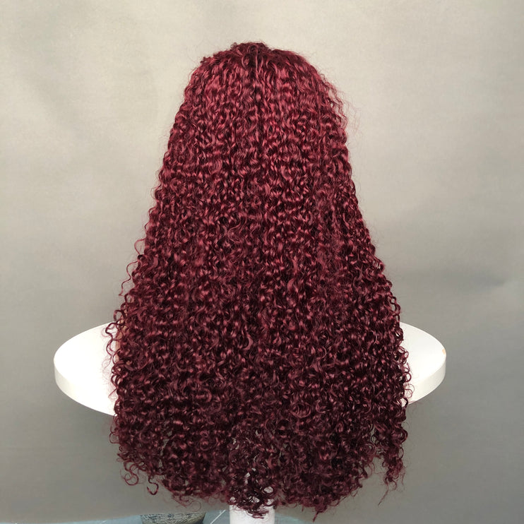 13x4 Lace Frontal Wig Factory Full Density Wig Pixie Curl Burgundy Color