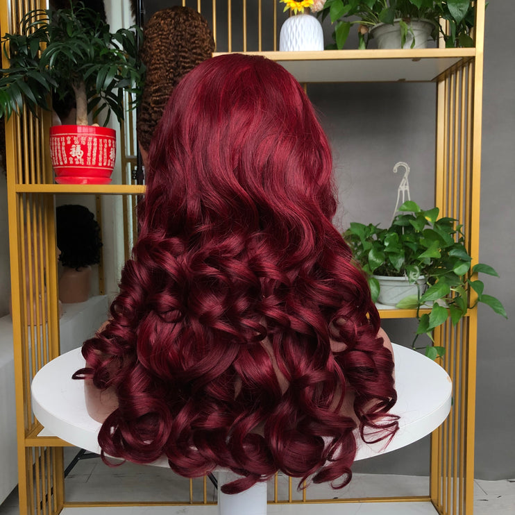 4x4 Closure Wig Bouncy Wave Factory Wig 18inch Wine Color