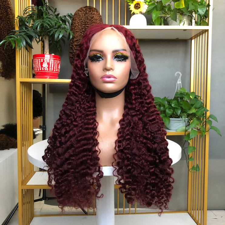 Full Density 13x4 Lace Frontal Wig Factory Burmese Curl Wine Color