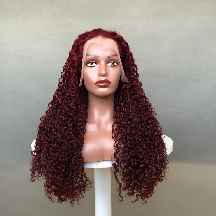 13x4 Lace Frontal Wig Factory Full Density Wig Pixie Curl Burgundy Color